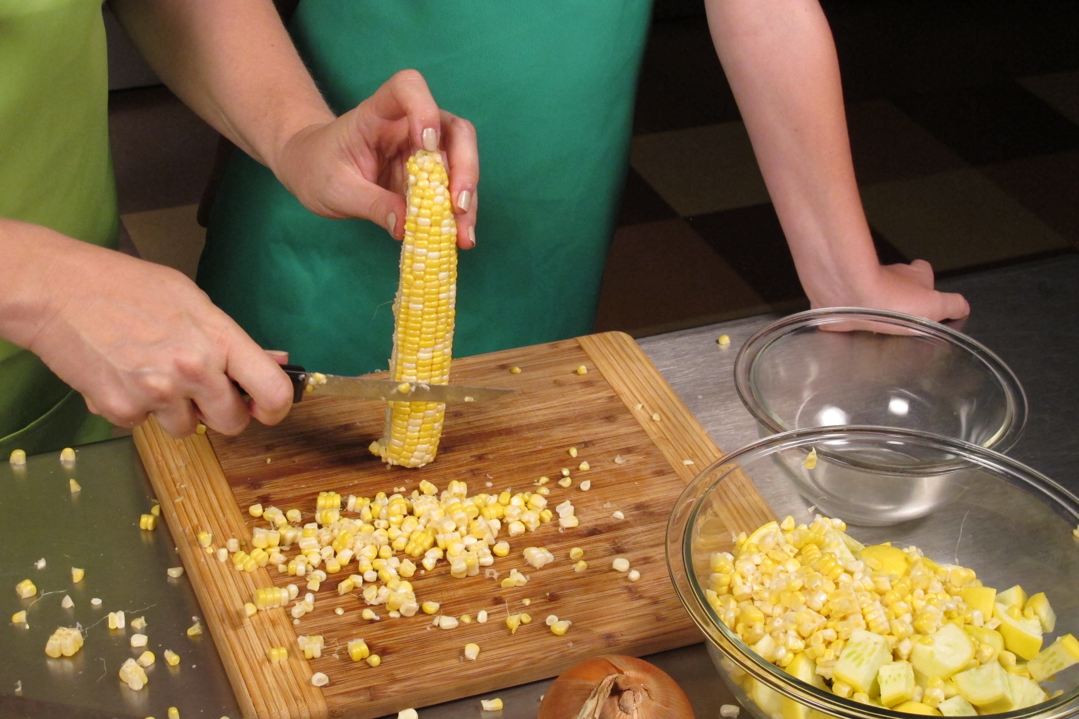 If using fresh corn-on-the-cob, have an adult or experienced slicer remove the kernels.